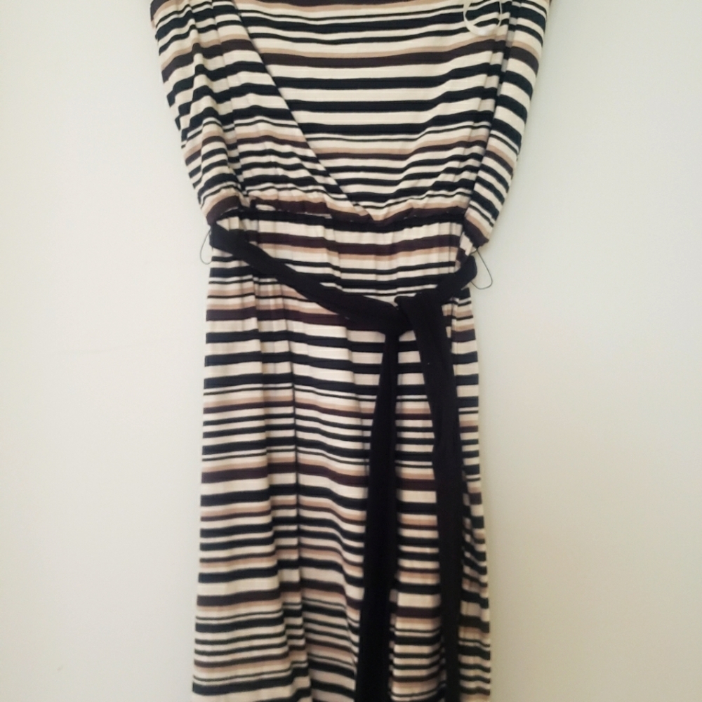 WHBM Strapless White Black and Brown Striped Dress